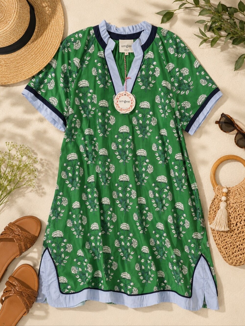 Umgee NWT Green Floral S Sleeve Cotton Ruffled Neck  Shift Dress. Ladies Med